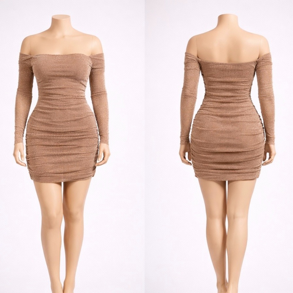 Off-Shoulder Ruched Bodycon Dress in Bronze - Picture 2 of 3